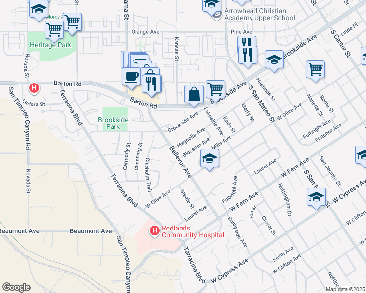 map of restaurants, bars, coffee shops, grocery stores, and more near 1421 Magnolia Avenue in Redlands