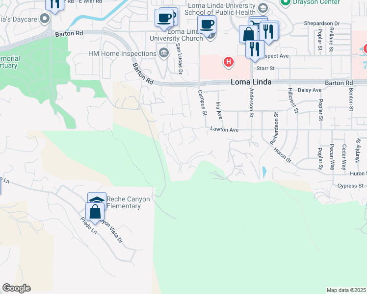 map of restaurants, bars, coffee shops, grocery stores, and more near 24479 Lawton Avenue in Loma Linda