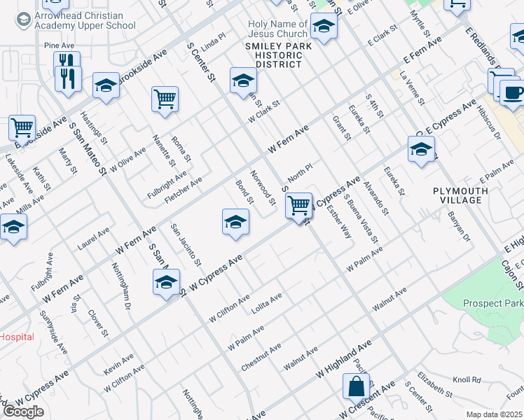 map of restaurants, bars, coffee shops, grocery stores, and more near 521 Bond Street in Redlands