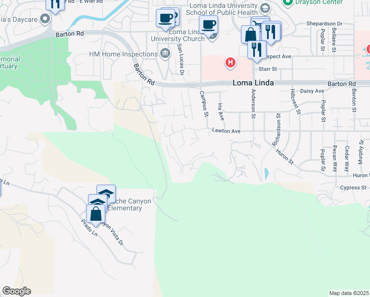 map of restaurants, bars, coffee shops, grocery stores, and more near 24479 Lawton Avenue in Loma Linda