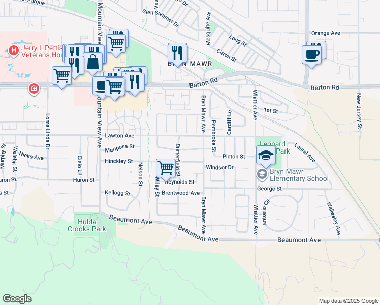 map of restaurants, bars, coffee shops, grocery stores, and more near 26051 Gardner Street in Loma Linda