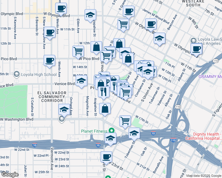 map of restaurants, bars, coffee shops, grocery stores, and more near 1433 Malvern Avenue in Los Angeles