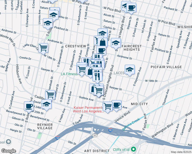 map of restaurants, bars, coffee shops, grocery stores, and more near 1833 South La Cienega Boulevard in Los Angeles