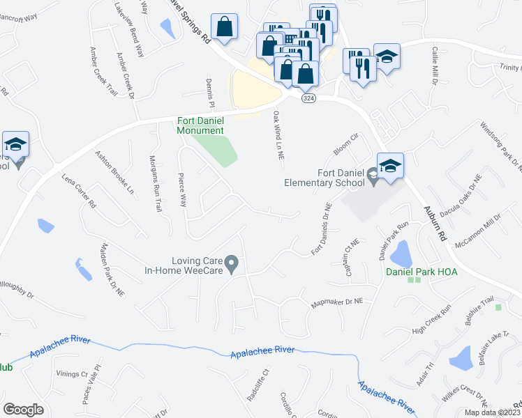 map of restaurants, bars, coffee shops, grocery stores, and more near 2592 Lance Ridge Way Northeast in Dacula