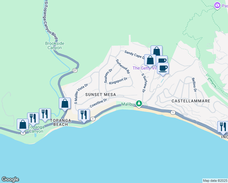 map of restaurants, bars, coffee shops, grocery stores, and more near 18230 Wakecrest Drive in Malibu