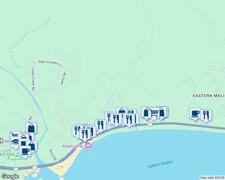 map of restaurants, bars, coffee shops, grocery stores, and more near 3140 Sweetwater Mesa Road in Malibu