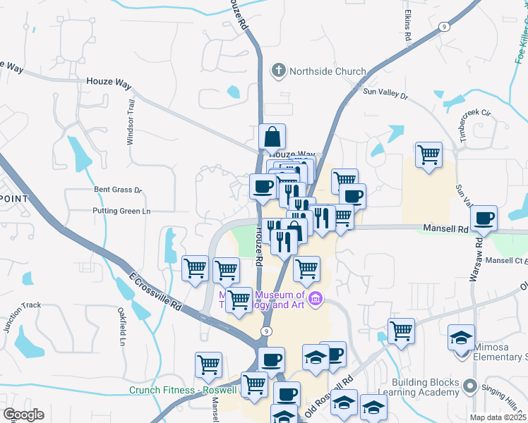 map of restaurants, bars, coffee shops, grocery stores, and more near 268 Mansell Road in Roswell