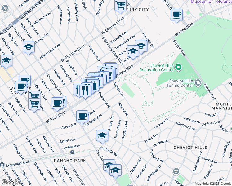 map of restaurants, bars, coffee shops, grocery stores, and more near 10509 Blythe Avenue in Los Angeles