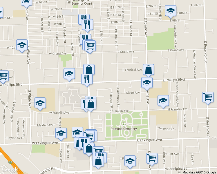 map of restaurants, bars, coffee shops, grocery stores, and more near 336 East Phillips Boulevard in Pomona