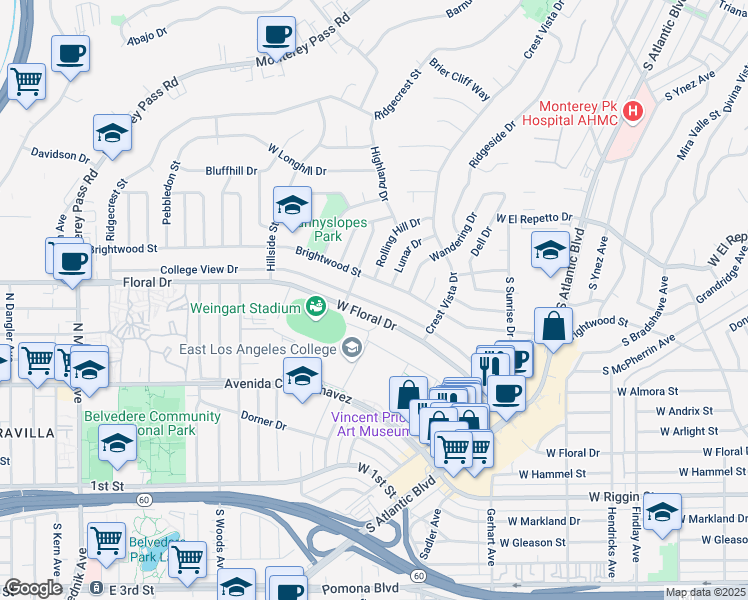 map of restaurants, bars, coffee shops, grocery stores, and more near 1421 College View Drive in Monterey Park