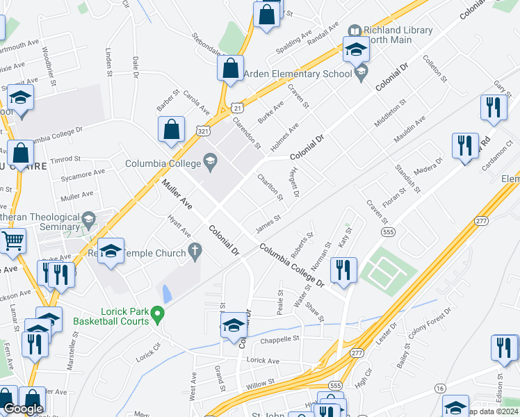 map of restaurants, bars, coffee shops, grocery stores, and more near 1598 Cleveland Street in Columbia