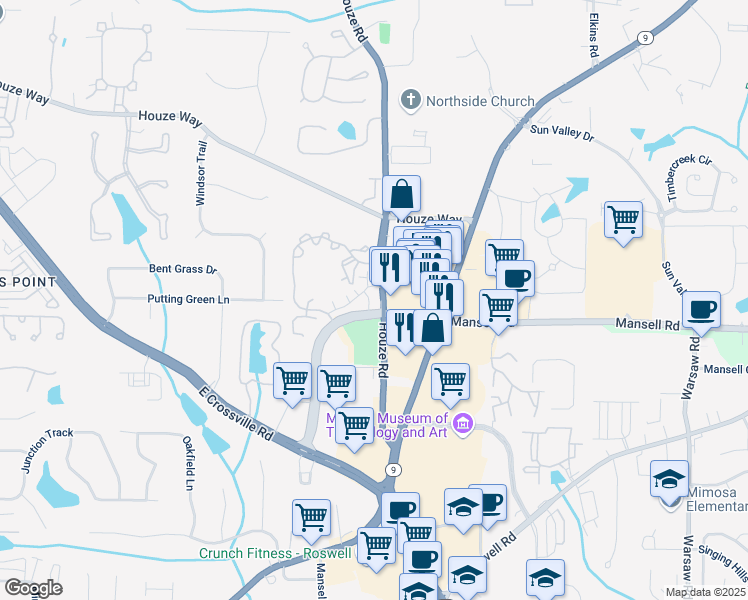 map of restaurants, bars, coffee shops, grocery stores, and more near 3025 Poppy Lane in Roswell