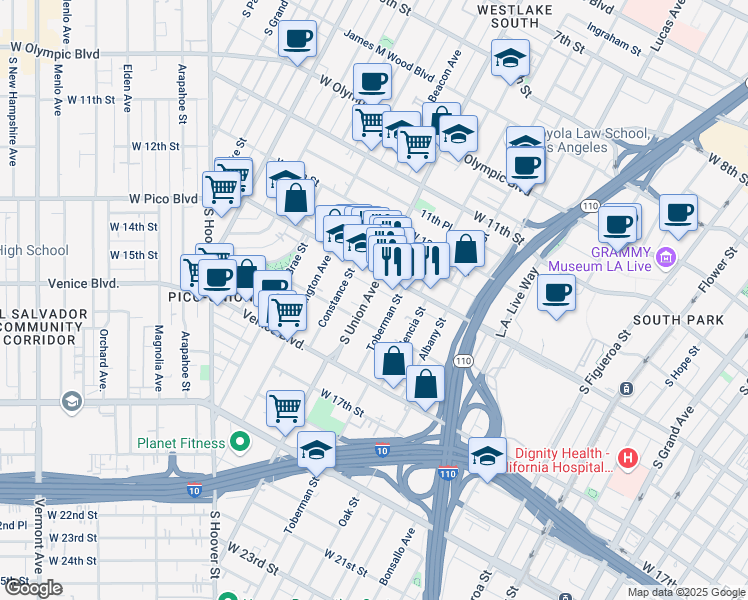 map of restaurants, bars, coffee shops, grocery stores, and more near 1330 South Union Avenue in Los Angeles