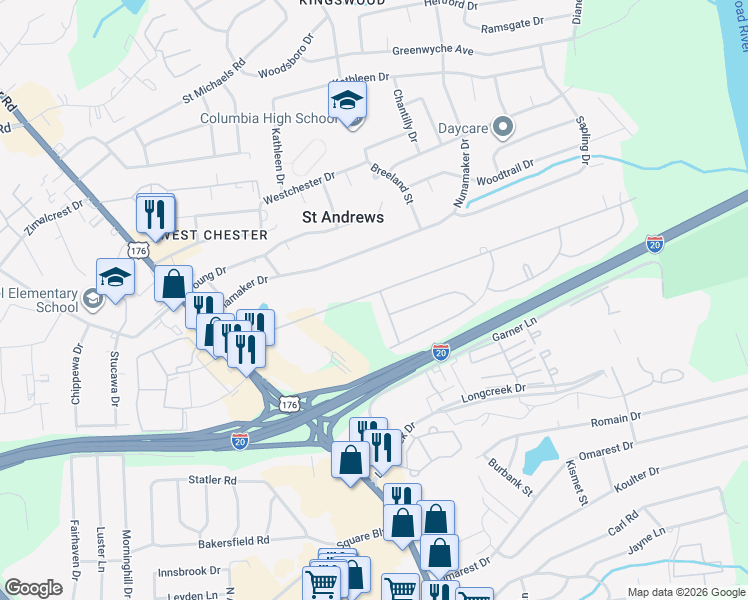 map of restaurants, bars, coffee shops, grocery stores, and more near 1522 Marley Drive in Columbia