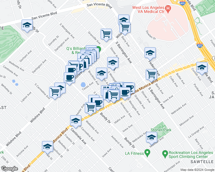 map of restaurants, bars, coffee shops, grocery stores, and more near 11906 Rochester Avenue in Los Angeles