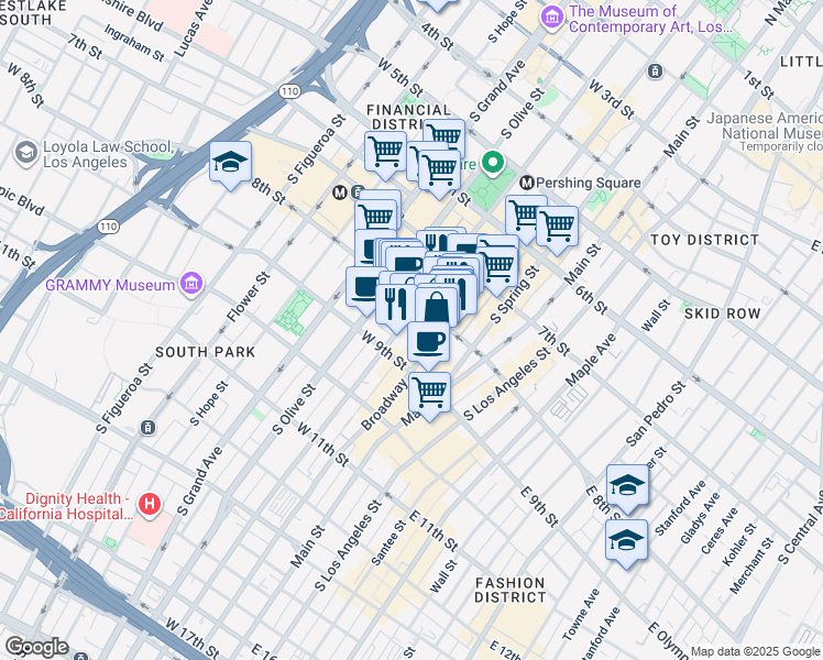 map of restaurants, bars, coffee shops, grocery stores, and more near 830 South Hill Street in Los Angeles