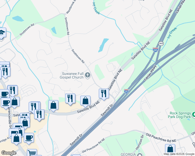 map of restaurants, bars, coffee shops, grocery stores, and more near 3249 Smithtown Road in Suwanee