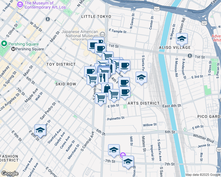 map of restaurants, bars, coffee shops, grocery stores, and more near 825 East 4th Street in Los Angeles