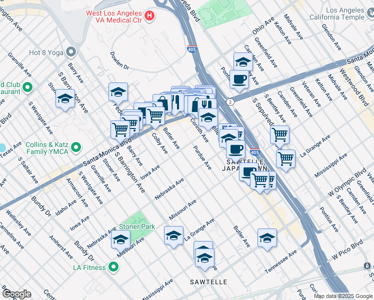 map of restaurants, bars, coffee shops, grocery stores, and more near 11422 Iowa Avenue in Los Angeles