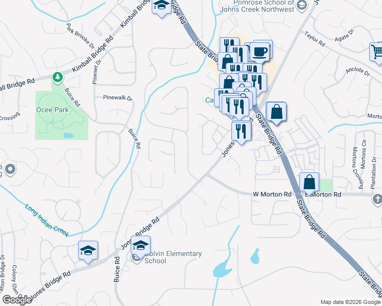 map of restaurants, bars, coffee shops, grocery stores, and more near 10745 Indian Village Drive in Alpharetta