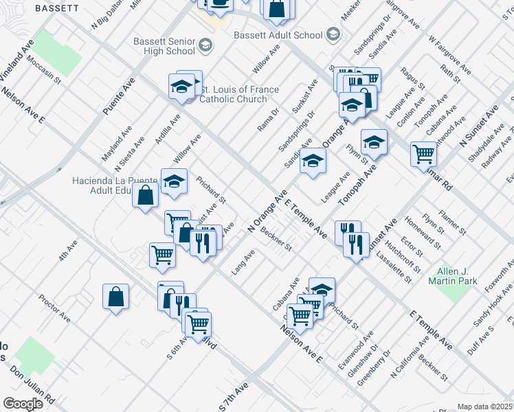 map of restaurants, bars, coffee shops, grocery stores, and more near 14261 Beckner Street in La Puente