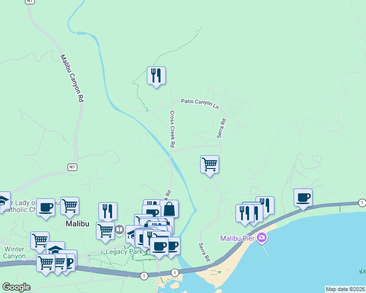 map of restaurants, bars, coffee shops, grocery stores, and more near 23233 Mariposa De Oro Street in Malibu