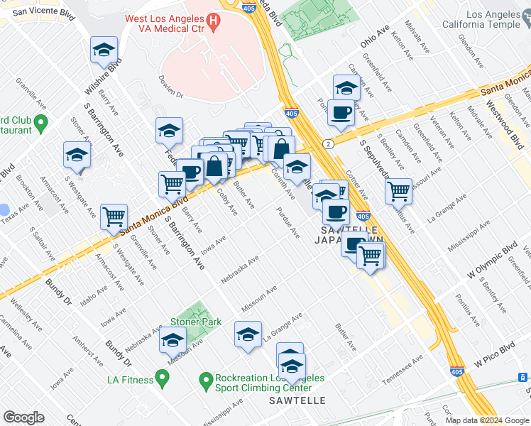 map of restaurants, bars, coffee shops, grocery stores, and more near 11422 Iowa Avenue in Los Angeles