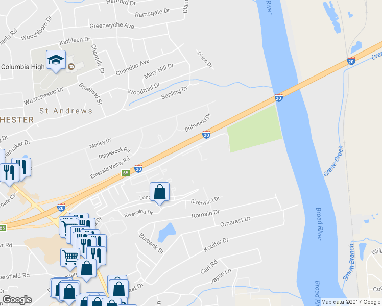 map of restaurants, bars, coffee shops, grocery stores, and more near 1700 Devonwood Drive in Columbia