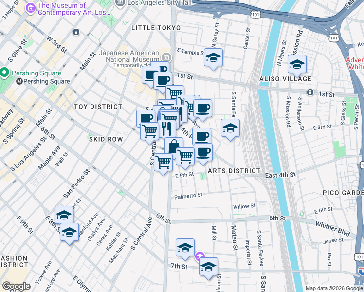 map of restaurants, bars, coffee shops, grocery stores, and more near 825 East 4th Street in Los Angeles