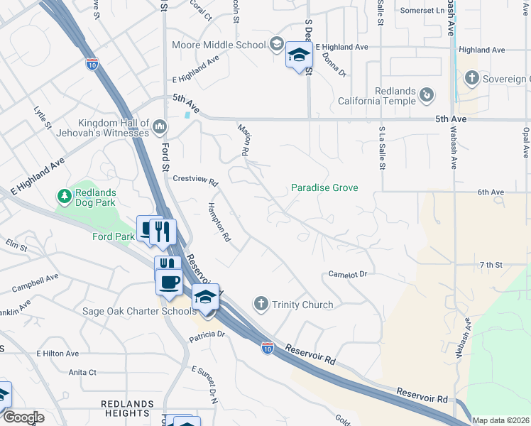 map of restaurants, bars, coffee shops, grocery stores, and more near 1550 Marion Road in Redlands