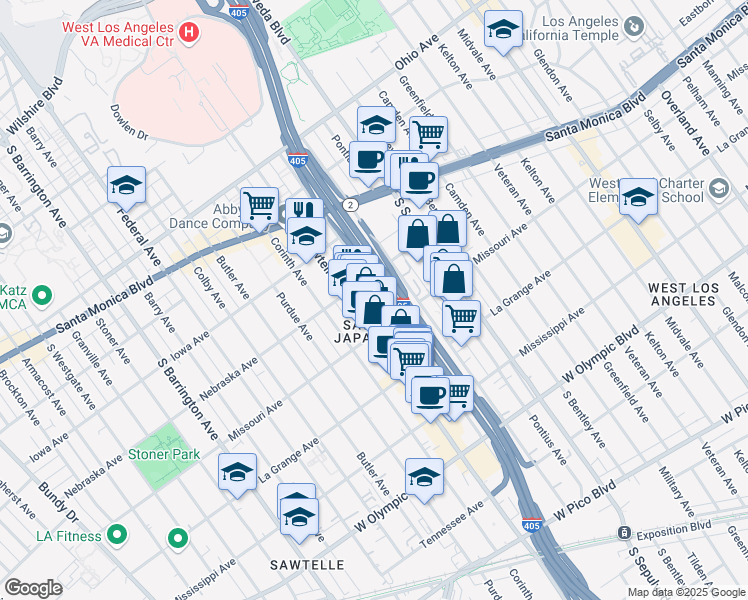 map of restaurants, bars, coffee shops, grocery stores, and more near 1825 Beloit Avenue in Los Angeles