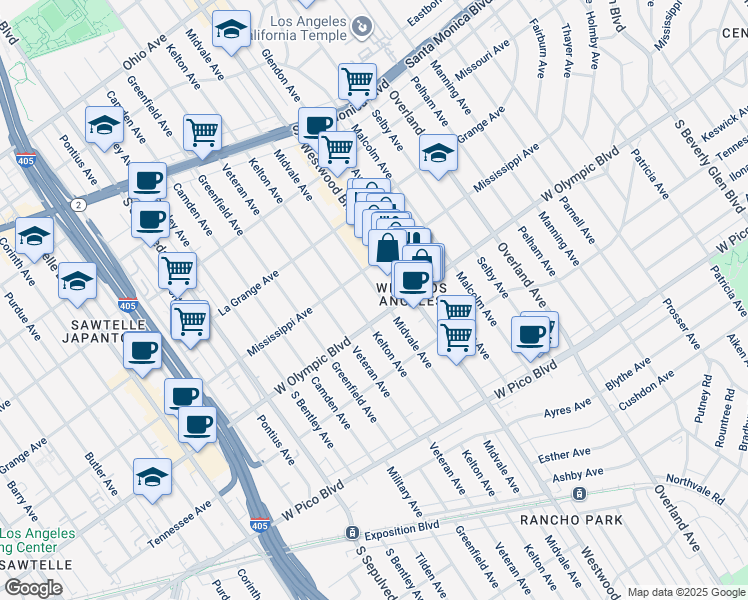 map of restaurants, bars, coffee shops, grocery stores, and more near 2116 Kelton Avenue in Los Angeles