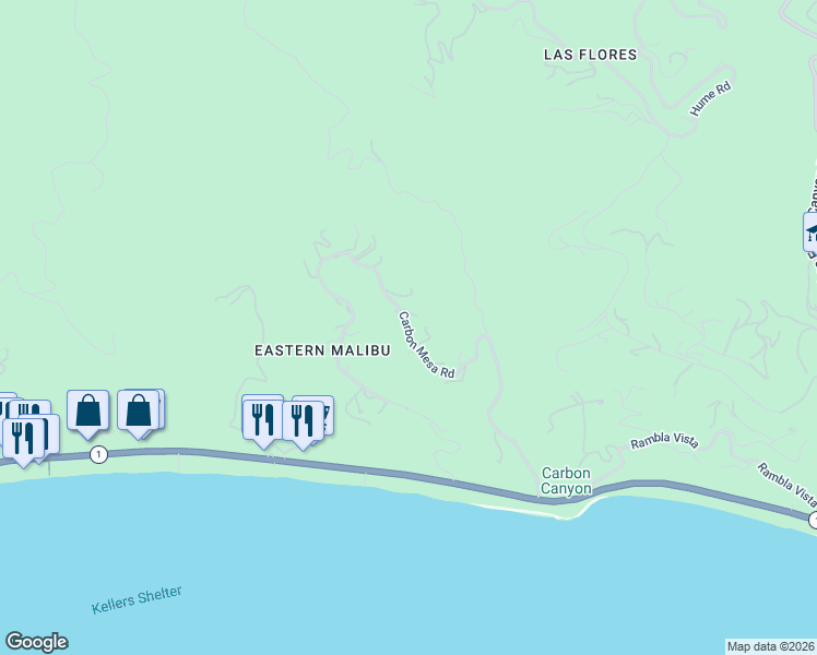 map of restaurants, bars, coffee shops, grocery stores, and more near Carbon Mesa Road in Malibu
