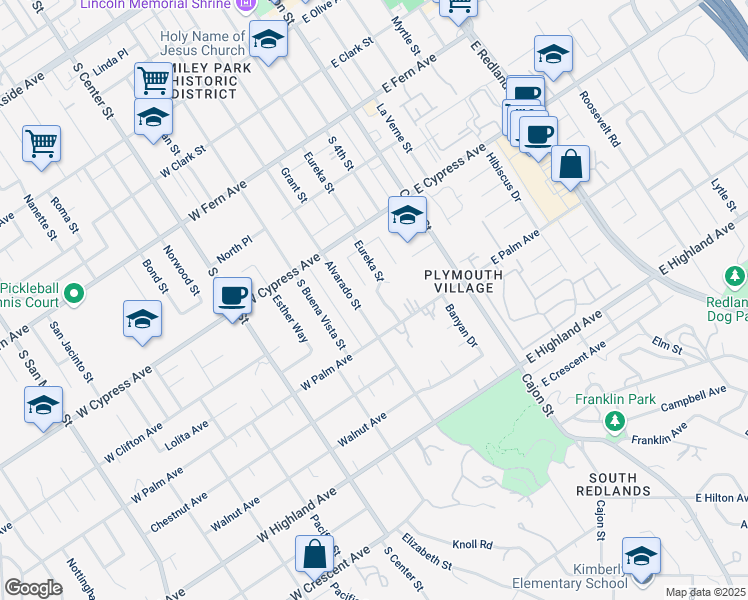 map of restaurants, bars, coffee shops, grocery stores, and more near 726 South Eureka Street in Redlands