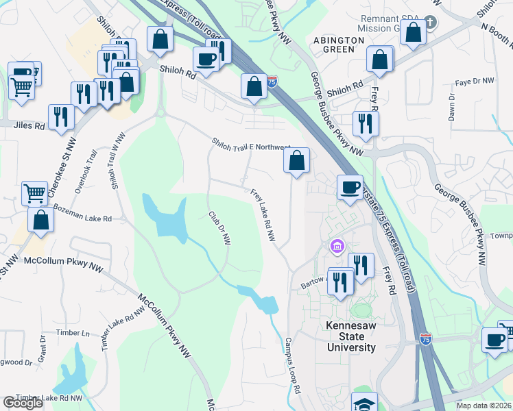 map of restaurants, bars, coffee shops, grocery stores, and more near 3716 Frey Lake Road Northwest in Kennesaw