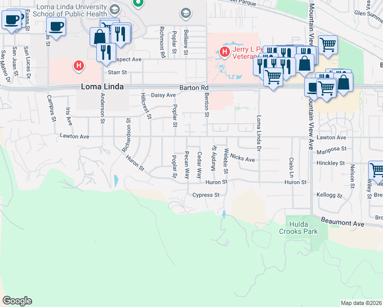 map of restaurants, bars, coffee shops, grocery stores, and more near 11548 Cedar Street in Loma Linda