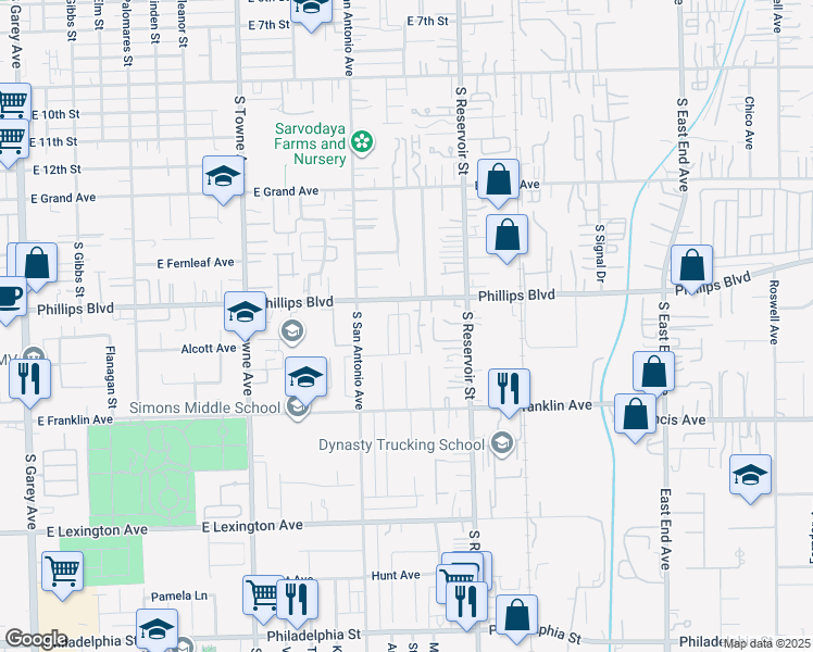 map of restaurants, bars, coffee shops, grocery stores, and more near 1505 Patterson Avenue in Pomona