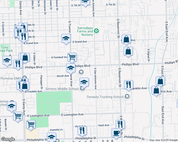 map of restaurants, bars, coffee shops, grocery stores, and more near 946 East Phillips Boulevard in Pomona