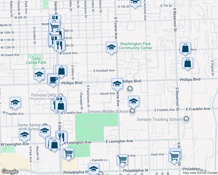 map of restaurants, bars, coffee shops, grocery stores, and more near 732 East Phillips Boulevard in Pomona