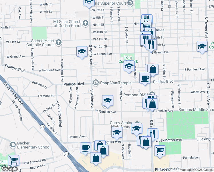 map of restaurants, bars, coffee shops, grocery stores, and more near 698 West Phillips Boulevard in Pomona