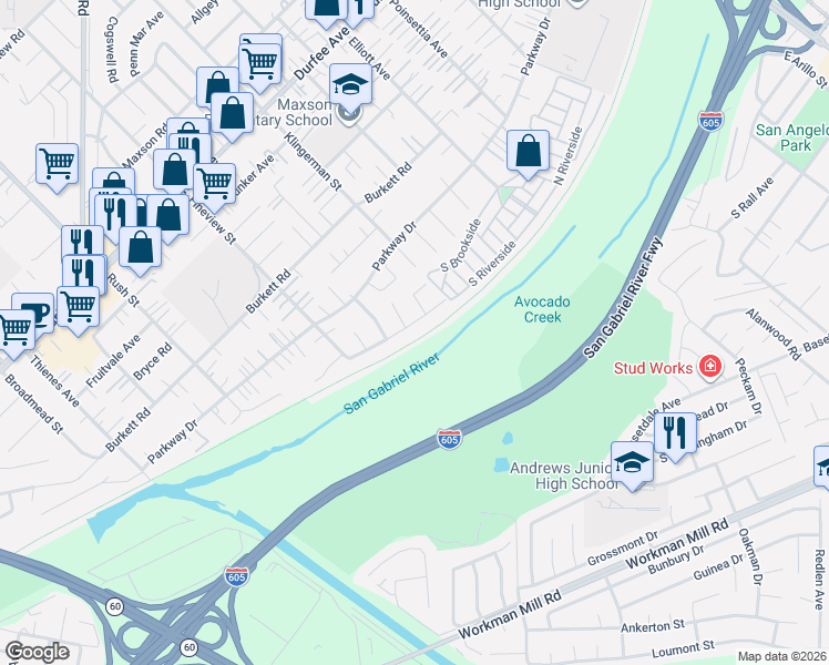 map of restaurants, bars, coffee shops, grocery stores, and more near 12644 Ramer Street in El Monte