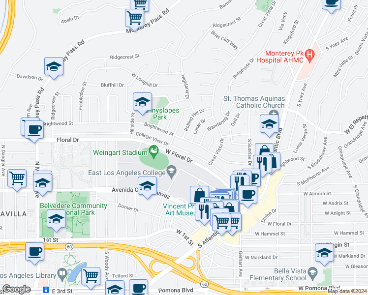 map of restaurants, bars, coffee shops, grocery stores, and more near 1390 Brightwood Street in Monterey Park