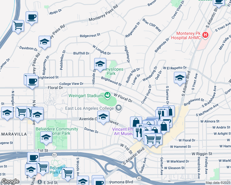 map of restaurants, bars, coffee shops, grocery stores, and more near 1501 College View Drive in Monterey Park