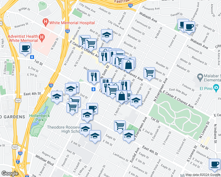 map of restaurants, bars, coffee shops, grocery stores, and more near 2511 Pennsylvania Avenue in Los Angeles