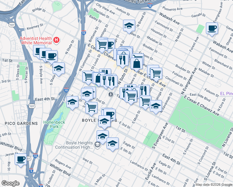 map of restaurants, bars, coffee shops, grocery stores, and more near 116 North Soto Street in Los Angeles