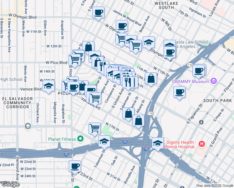 map of restaurants, bars, coffee shops, grocery stores, and more near 1328 Constance Street in Los Angeles