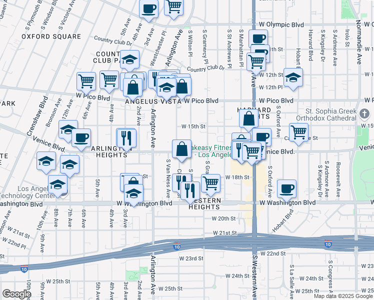 map of restaurants, bars, coffee shops, grocery stores, and more near 1550 1/2 South Van Ness Avenue in Los Angeles