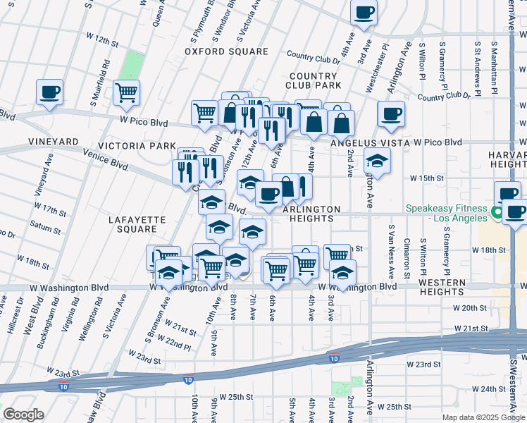 map of restaurants, bars, coffee shops, grocery stores, and more near 3617 Venice Boulevard in Los Angeles