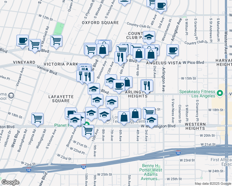 map of restaurants, bars, coffee shops, grocery stores, and more near 3617 Venice Boulevard in Los Angeles