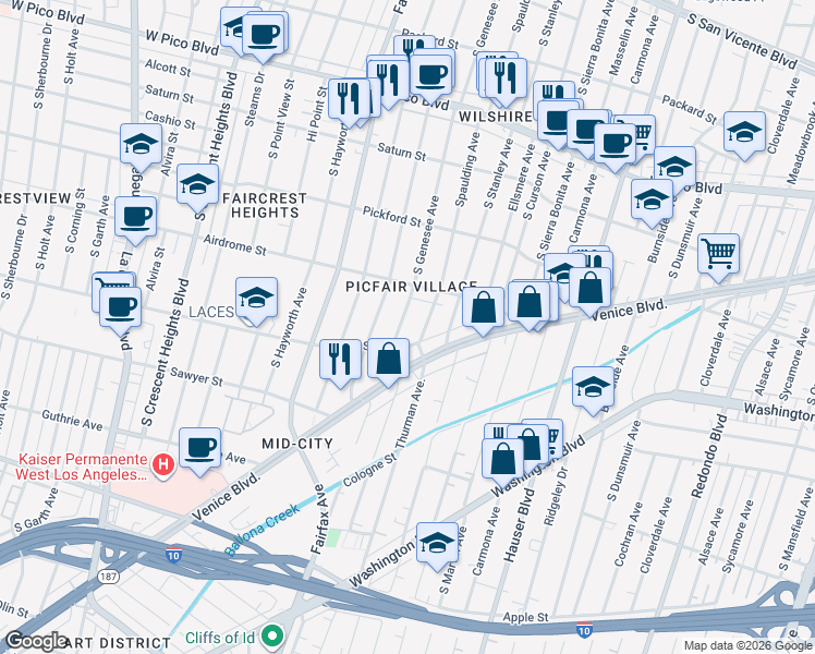 map of restaurants, bars, coffee shops, grocery stores, and more near 1733 South Spaulding Avenue in Los Angeles